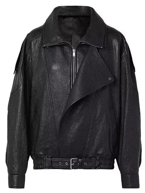 Damen Oversize Kunstleder-Bikerjacke mit asymmetrischem Reißverschluss, Gürtel und elastischem Bund Nord Taschen