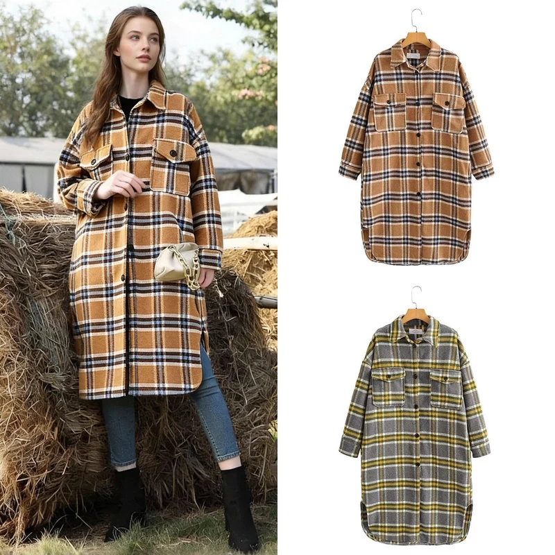 Damen Oversize Karo-Hemdjacke im Longline-Cut mit aufgesetzten Brusttaschen Nord Taschen