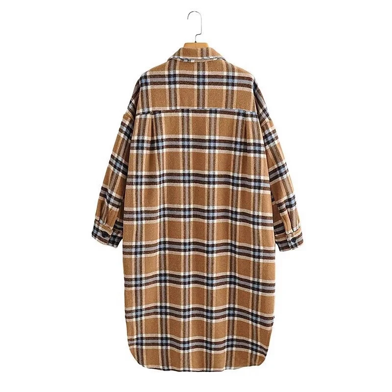 Damen Oversize Karo-Hemdjacke im Longline-Cut mit aufgesetzten Brusttaschen Nord Taschen