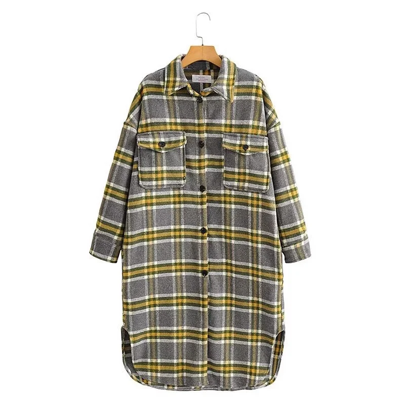Damen Oversize Karo-Hemdjacke im Longline-Cut mit aufgesetzten Brusttaschen Nord Taschen
