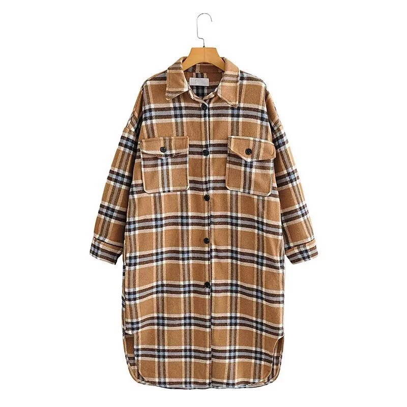 Damen Oversize Karo-Hemdjacke im Longline-Cut mit aufgesetzten Brusttaschen Nord Taschen