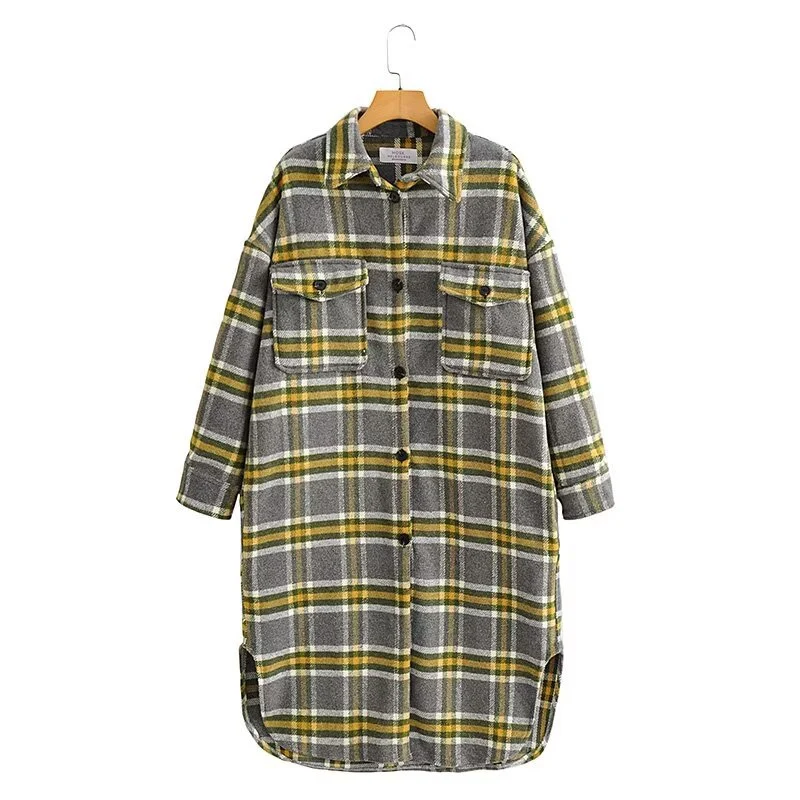 Damen Oversize Karo-Hemdjacke im Longline-Cut mit aufgesetzten Brusttaschen Nord Taschen