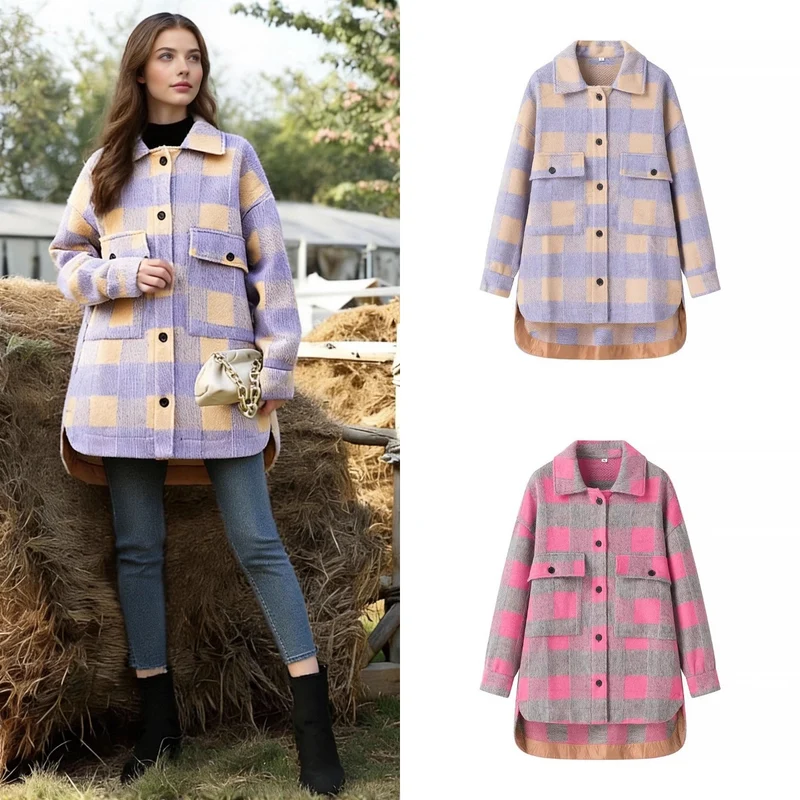 Damen Oversize Karierte Hemdjacke mit aufgesetzten Pattentaschen und verlängertem Saum Nord Taschen