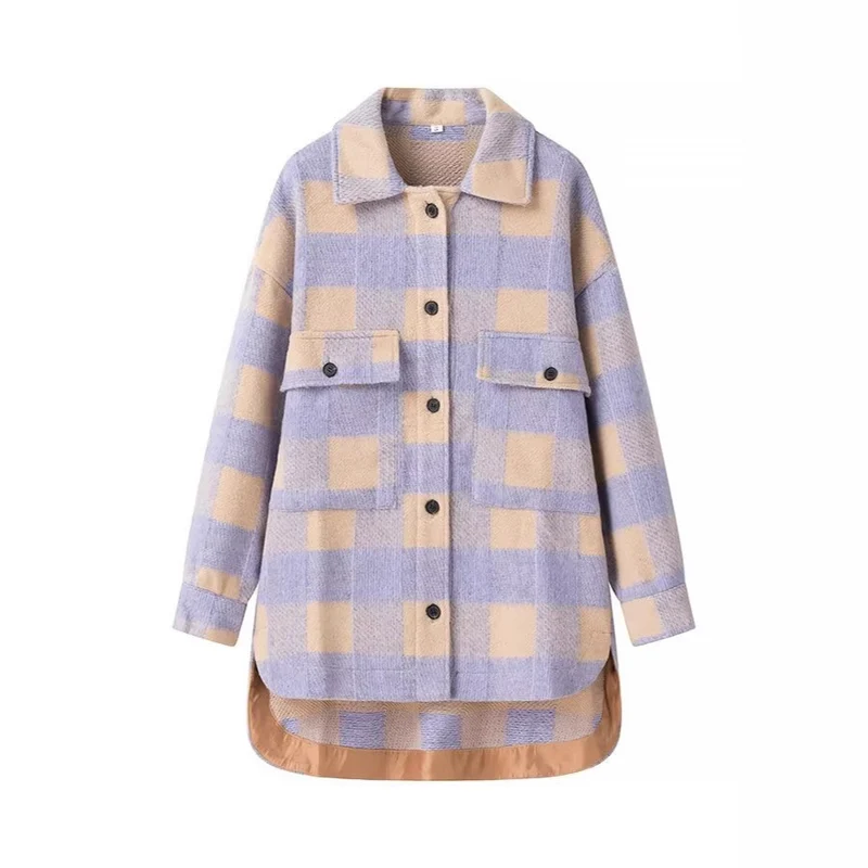 Damen Oversize Karierte Hemdjacke mit aufgesetzten Pattentaschen und verlängertem Saum Nord Taschen