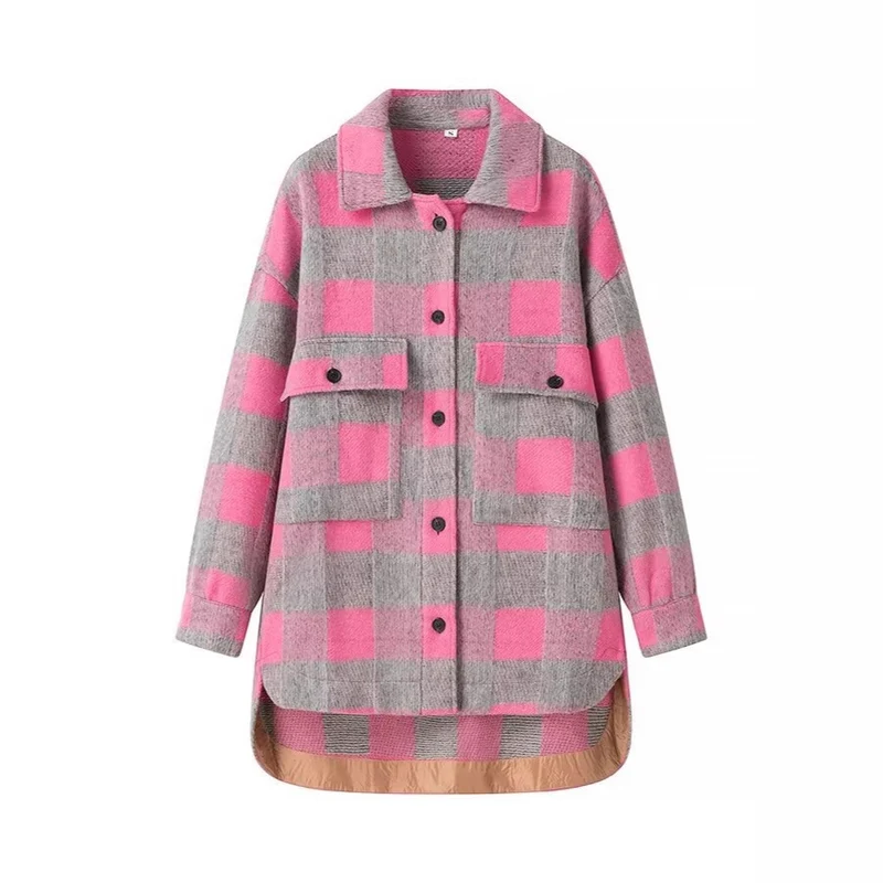 Damen Oversize Karierte Hemdjacke mit aufgesetzten Pattentaschen und verlängertem Saum Nord Taschen