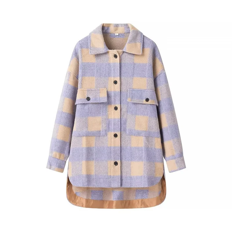 Damen Oversize Karierte Hemdjacke mit aufgesetzten Pattentaschen und verlängertem Saum Nord Taschen