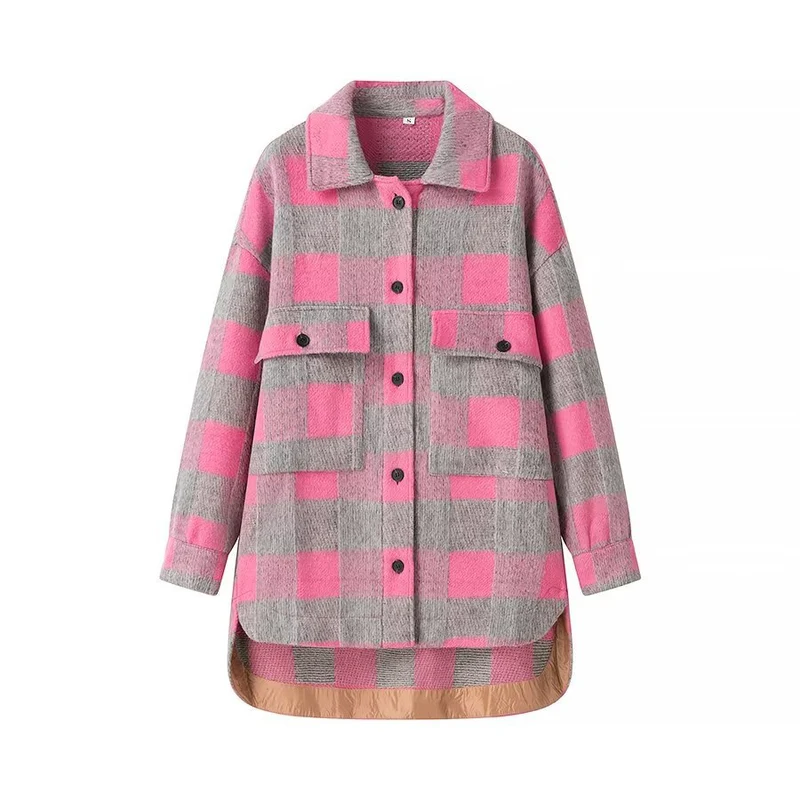 Damen Oversize Karierte Hemdjacke mit aufgesetzten Pattentaschen und verlängertem Saum Nord Taschen