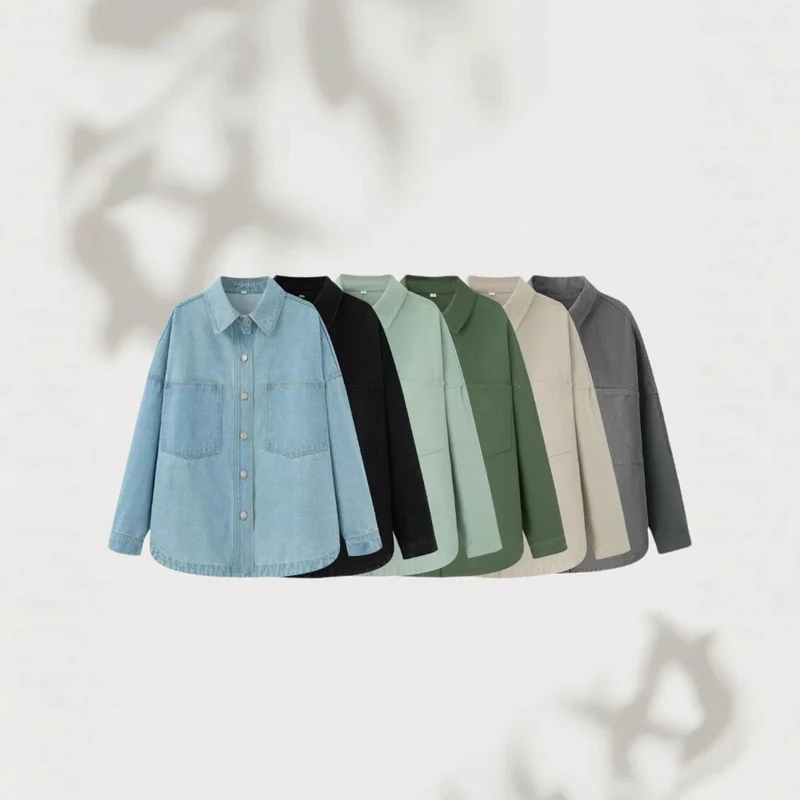 Damen Oversize Jeans-Hemdjacke im Boxy-Schnitt mit aufgesetzten Brusttaschen und Rundsaum Nord Taschen