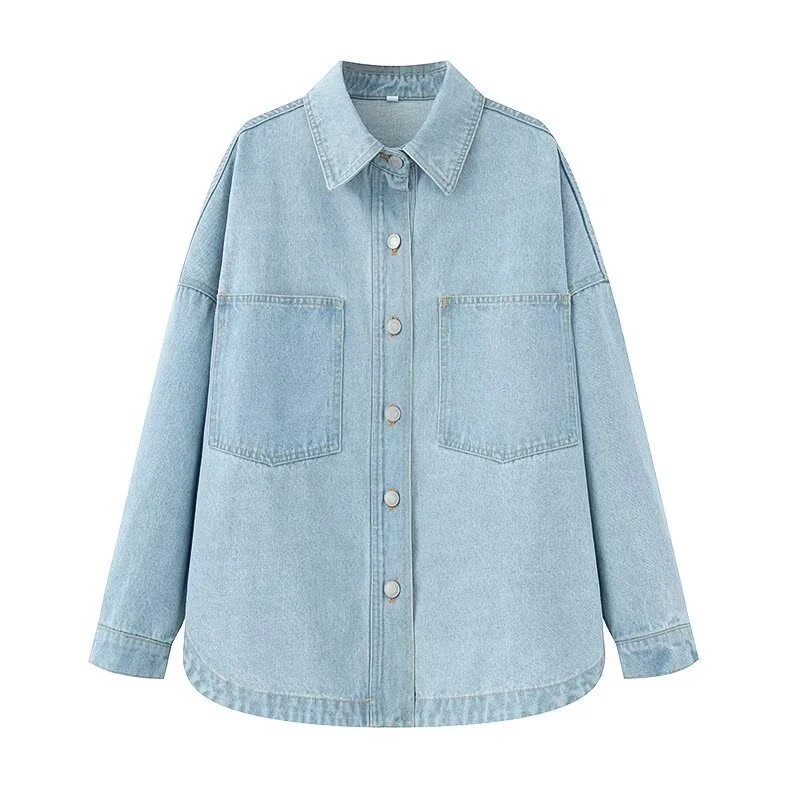 Damen Oversize Jeans-Hemdjacke im Boxy-Schnitt mit aufgesetzten Brusttaschen und Rundsaum Nord Taschen