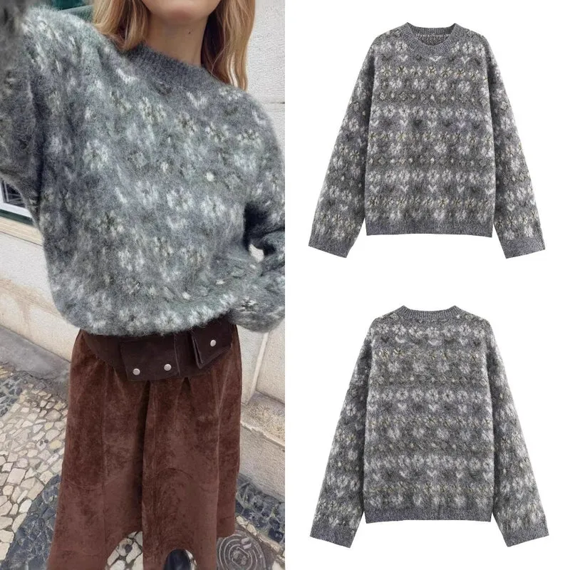 Damen Oversize Jacquard-Pullover aus weichem Mohair‑Mix mit Rundhalsausschnitt Nord Taschen
