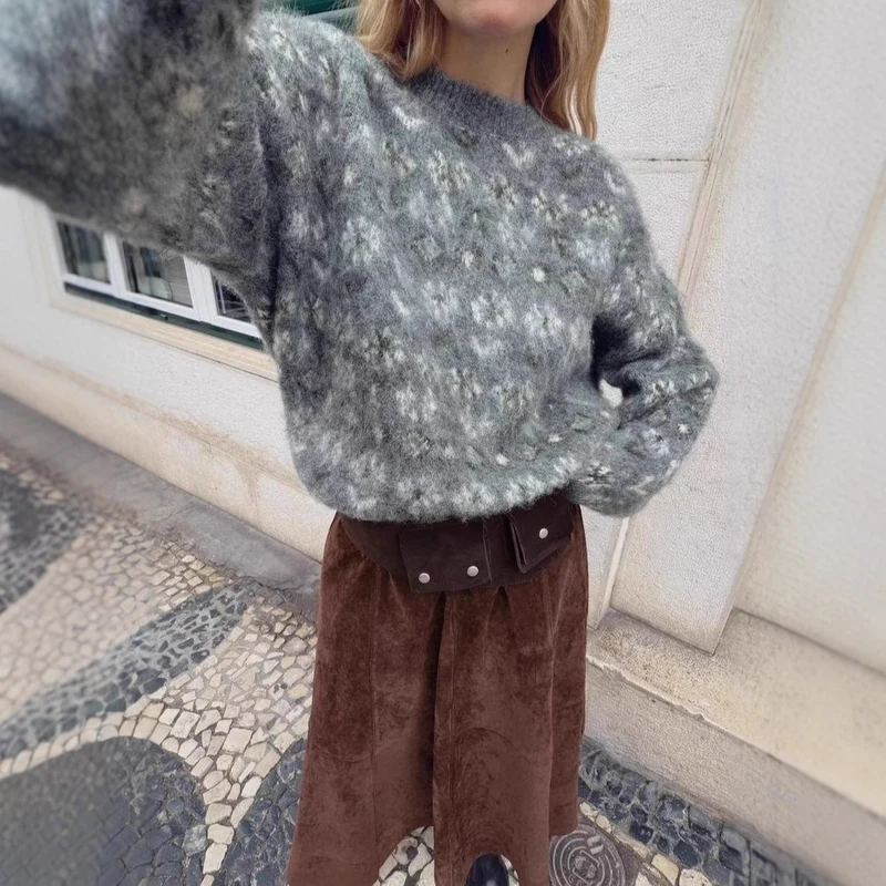 Damen Oversize Jacquard-Pullover aus weichem Mohair‑Mix mit Rundhalsausschnitt Nord Taschen