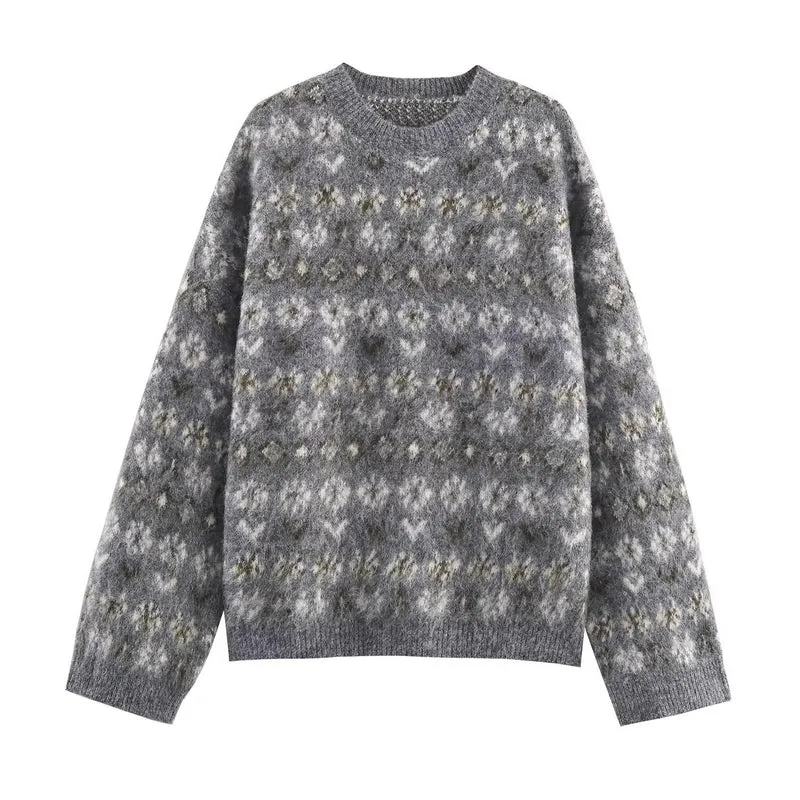 Damen Oversize Jacquard-Pullover aus weichem Mohair‑Mix mit Rundhalsausschnitt Nord Taschen