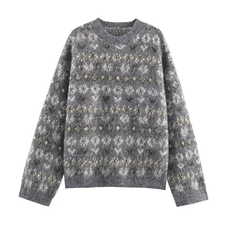 Damen Oversize Jacquard-Pullover aus weichem Mohair‑Mix mit Rundhalsausschnitt Nord Taschen