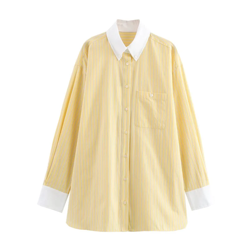 Damen Oversize-Hemdbluse mit Kontrastkragen und Manschetten Nord Taschen