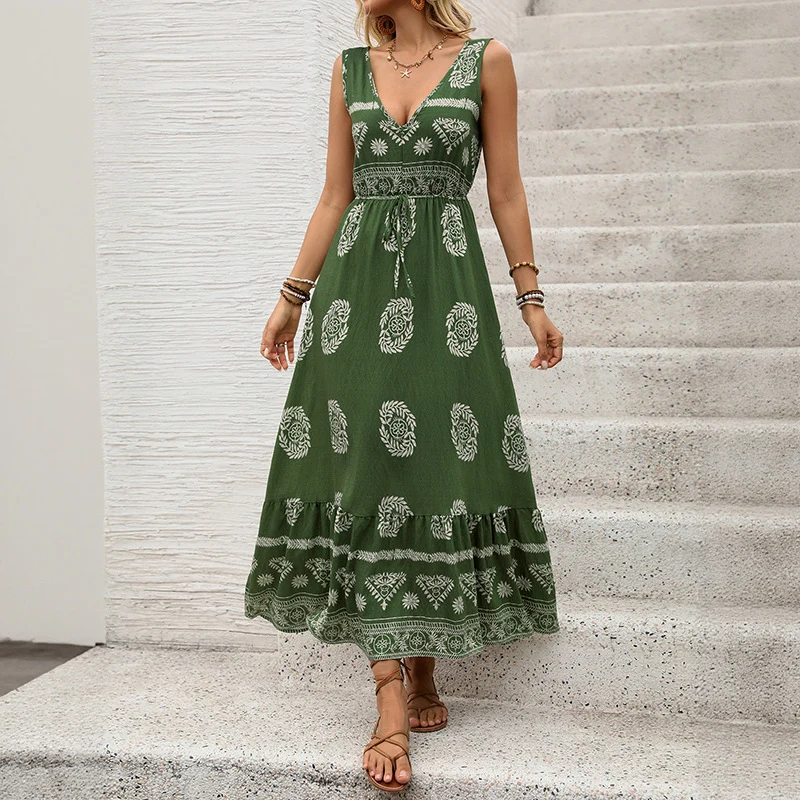 Damen Maxikleid mit V-Ausschnitt, tailliertem Bindegürtel und gestuftem Volant Saum Nord Taschen