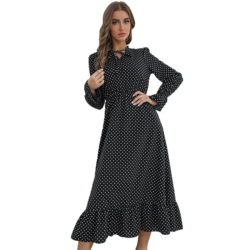 Damen Maxikleid mit Polka-Dot‑Print, geraffter Taille, Schleifenkragen und Volant-Saum Nord Taschen