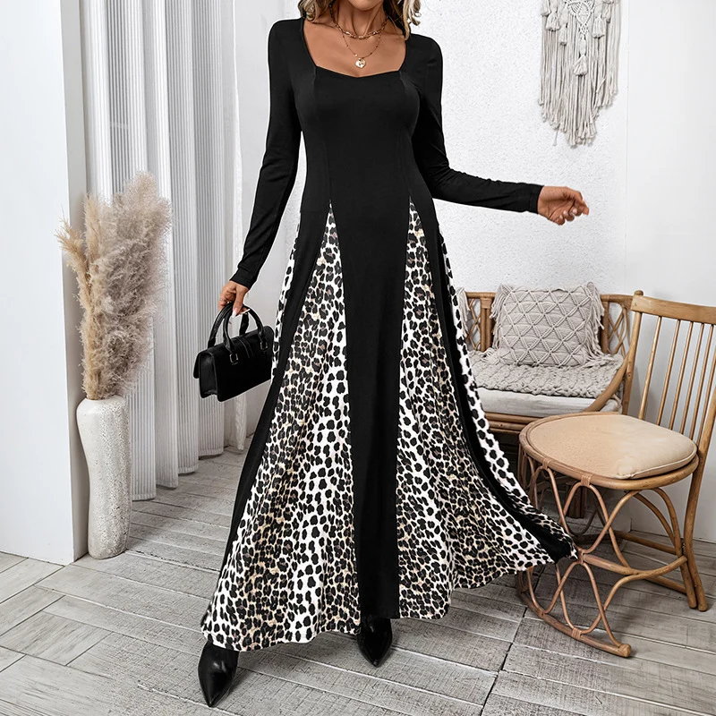 Damen Maxikleid mit Paneeloptik und kontrastierenden Leopard‑Print‑Einsätzen Nord Taschen