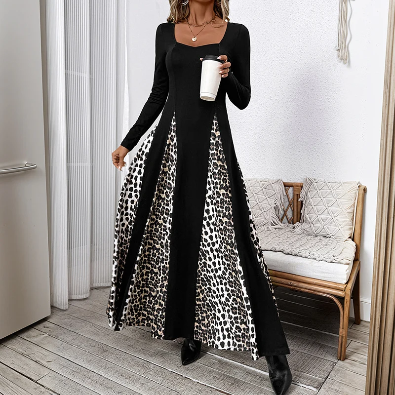Damen Maxikleid mit Paneeloptik und kontrastierenden Leopard‑Print‑Einsätzen Nord Taschen