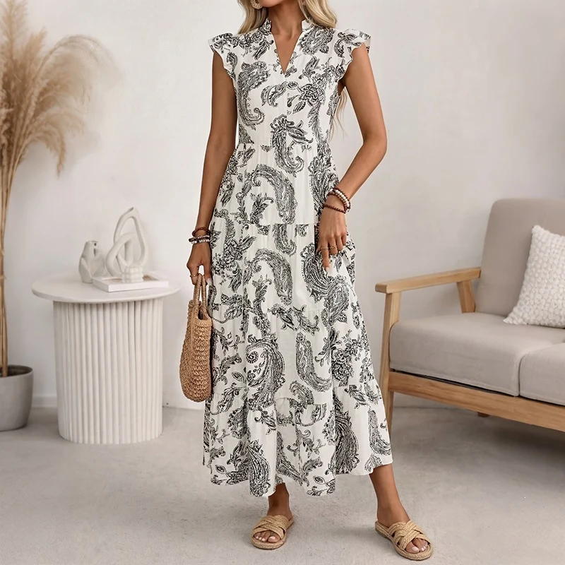 Damen Maxikleid mit Paisley‑Print, V‑Ausschnitt und Stufenrock Nord Taschen