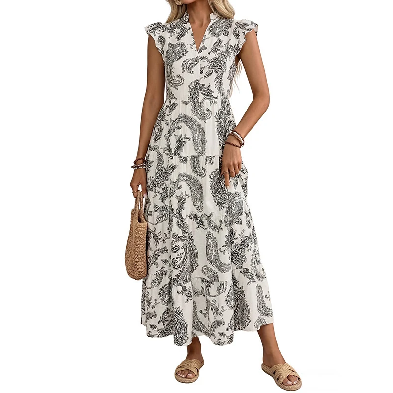 Damen Maxikleid mit Paisley‑Print, V‑Ausschnitt und Stufenrock Nord Taschen
