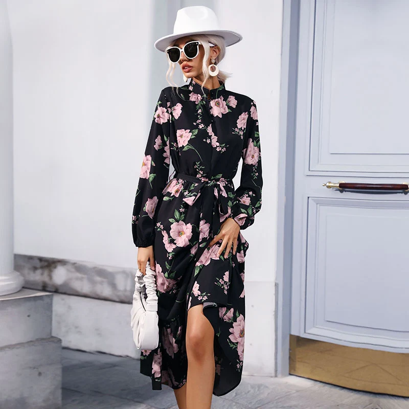 Damen Maxikleid mit floralem Allover‑Print, Stehkragen, langen Ballonärmeln und Volant Nord Taschen