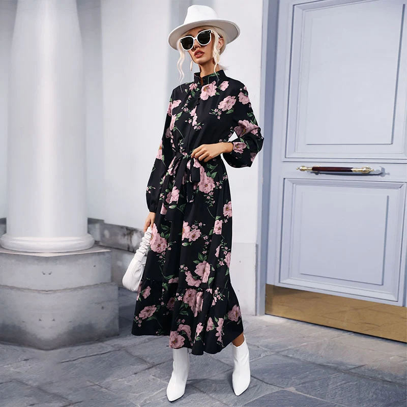 Damen Maxikleid mit floralem Allover‑Print, Stehkragen, langen Ballonärmeln und Volant Nord Taschen