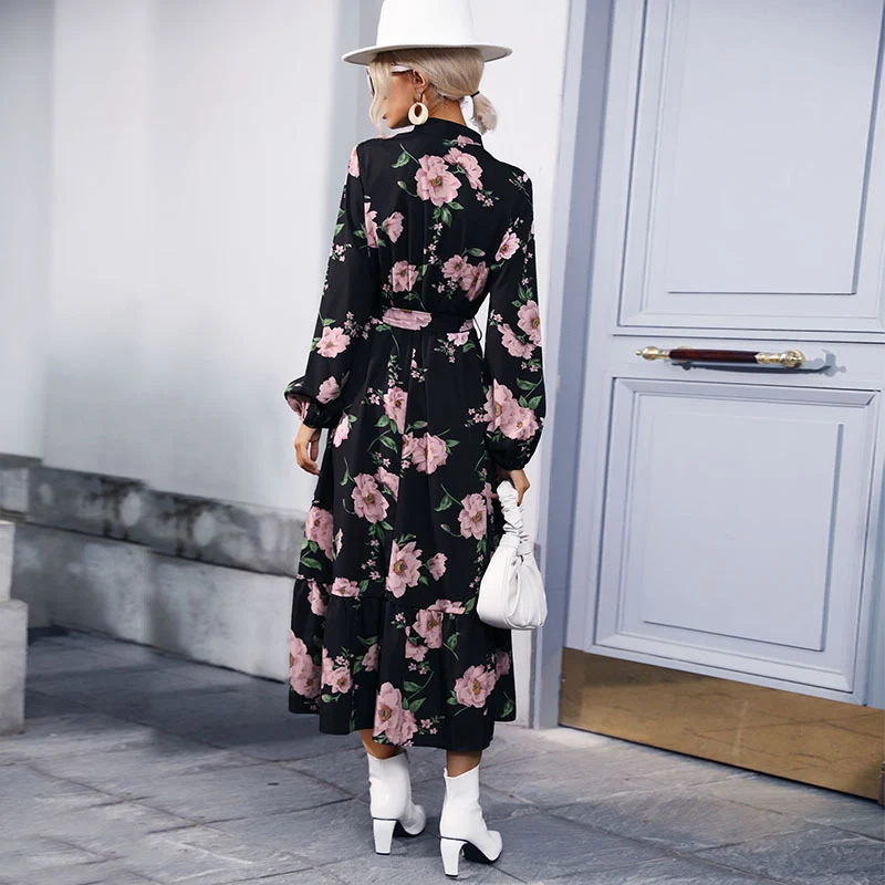 Damen Maxikleid mit floralem Allover‑Print, Stehkragen, langen Ballonärmeln und Volant Nord Taschen