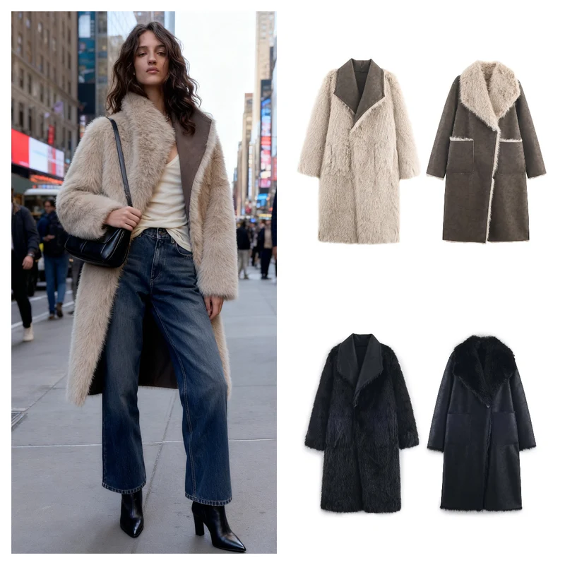 Damen Langer Wendbarer Kunstfell-Mantel mit Oversized-Schalkragen und aufgesetzten Taschen Nord Taschen