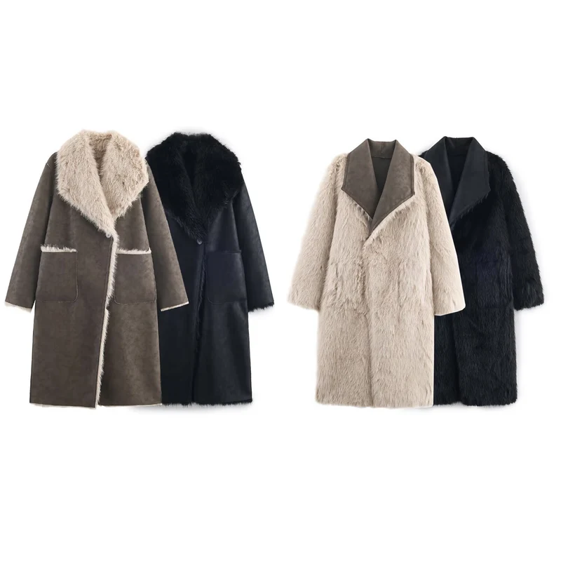 Damen Langer Wendbarer Kunstfell-Mantel mit Oversized-Schalkragen und aufgesetzten Taschen Nord Taschen