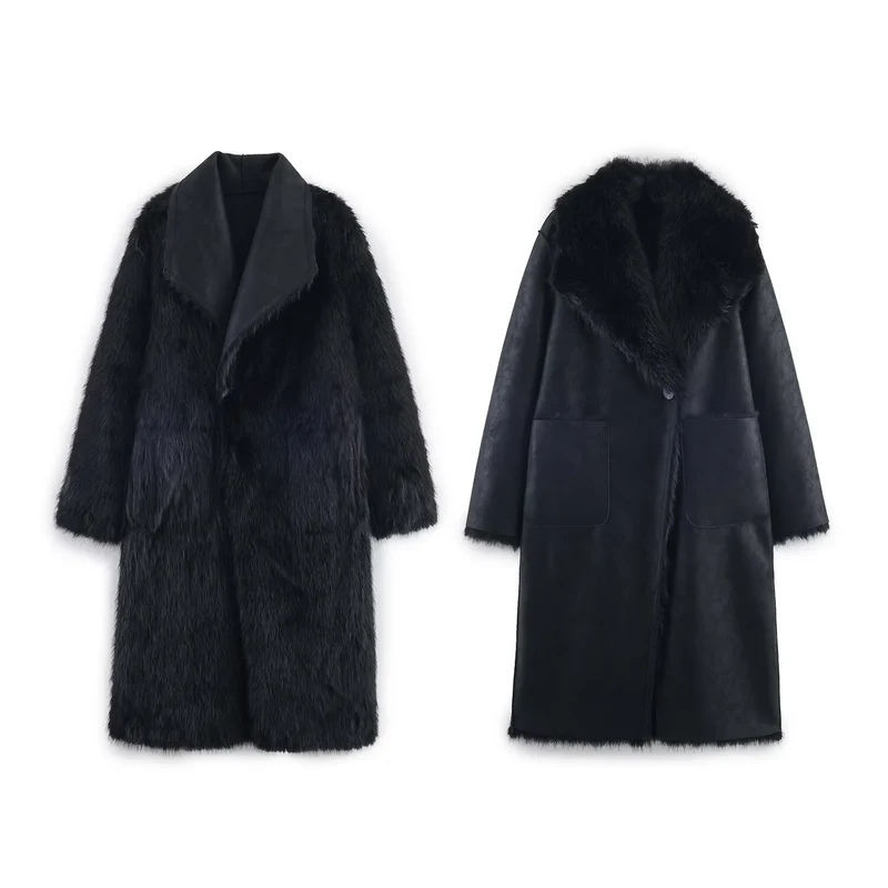 Damen Langer Wendbarer Kunstfell-Mantel mit Oversized-Schalkragen und aufgesetzten Taschen Nord Taschen