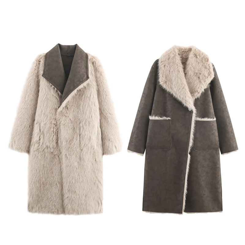 Damen Langer Wendbarer Kunstfell-Mantel mit Oversized-Schalkragen und aufgesetzten Taschen Nord Taschen