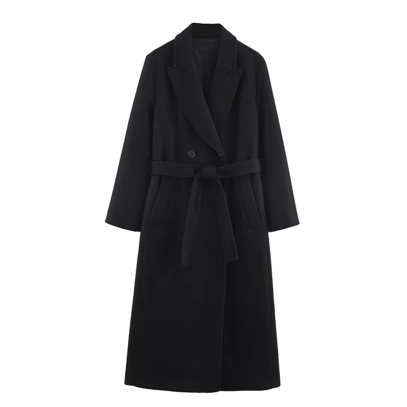 Damen Langer Taillierter Wollmix-Mantel mit Bindegürtel und Reverskragen Nord Taschen