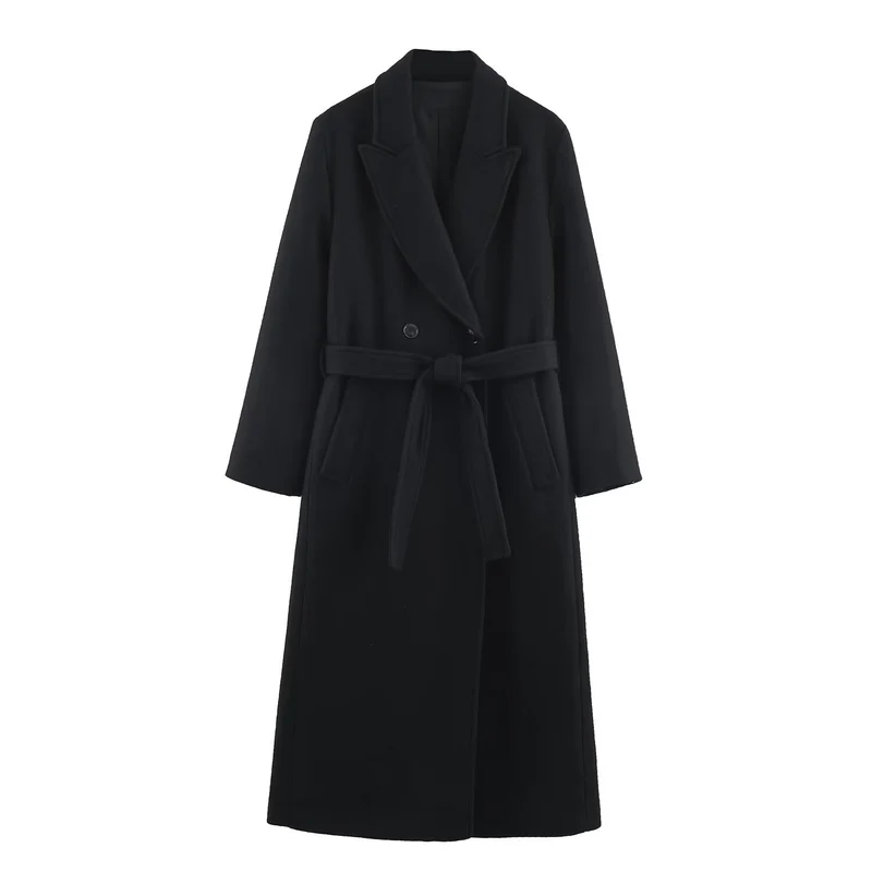 Damen Langer Taillierter Wollmix-Mantel mit Bindegürtel und Reverskragen Nord Taschen