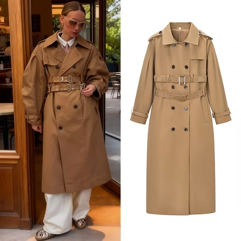 Damen Langer taillierter Trenchcoat mit doppeltem Taillengürtel und Epauletten Nord Taschen