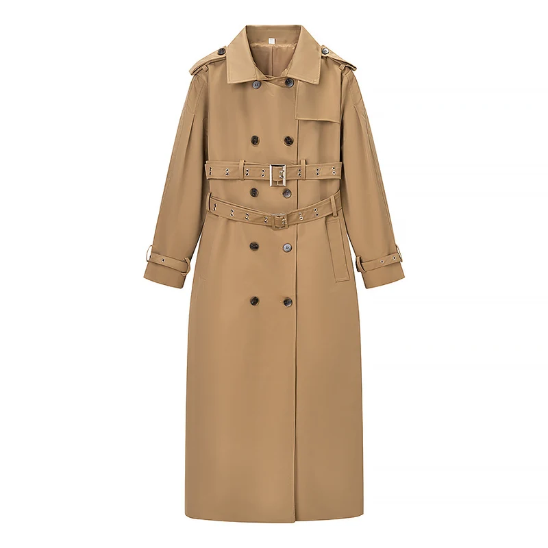 Damen Langer taillierter Trenchcoat mit doppeltem Taillengürtel und Epauletten Nord Taschen