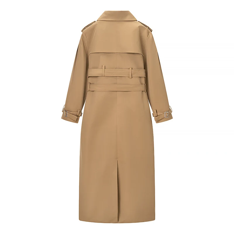Damen Langer taillierter Trenchcoat mit doppeltem Taillengürtel und Epauletten Nord Taschen