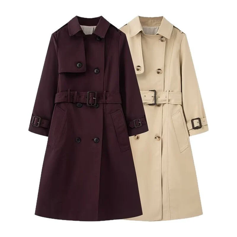 Damen Langer taillierter Trenchcoat mit doppelreihiger Knopfleiste, Taillengürtel und Ärmelriegel Nord Taschen