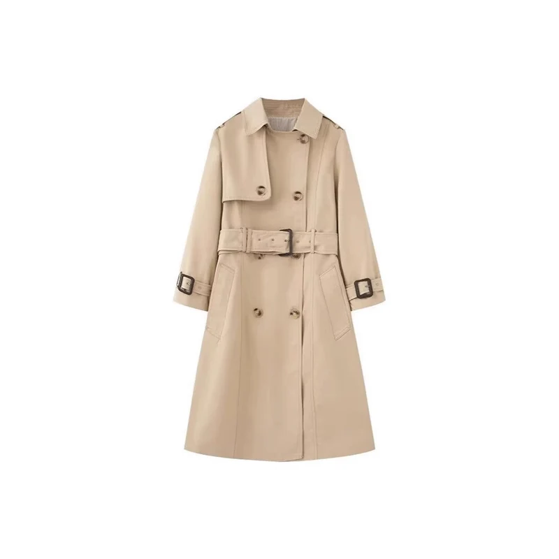 Damen Langer taillierter Trenchcoat mit doppelreihiger Knopfleiste, Taillengürtel und Ärmelriegel Nord Taschen