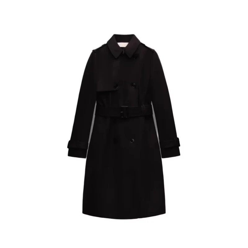 Damen Langer taillierter Trenchcoat mit doppelreihiger Knopfleiste, Taillengürtel und Ärmelriegel Nord Taschen