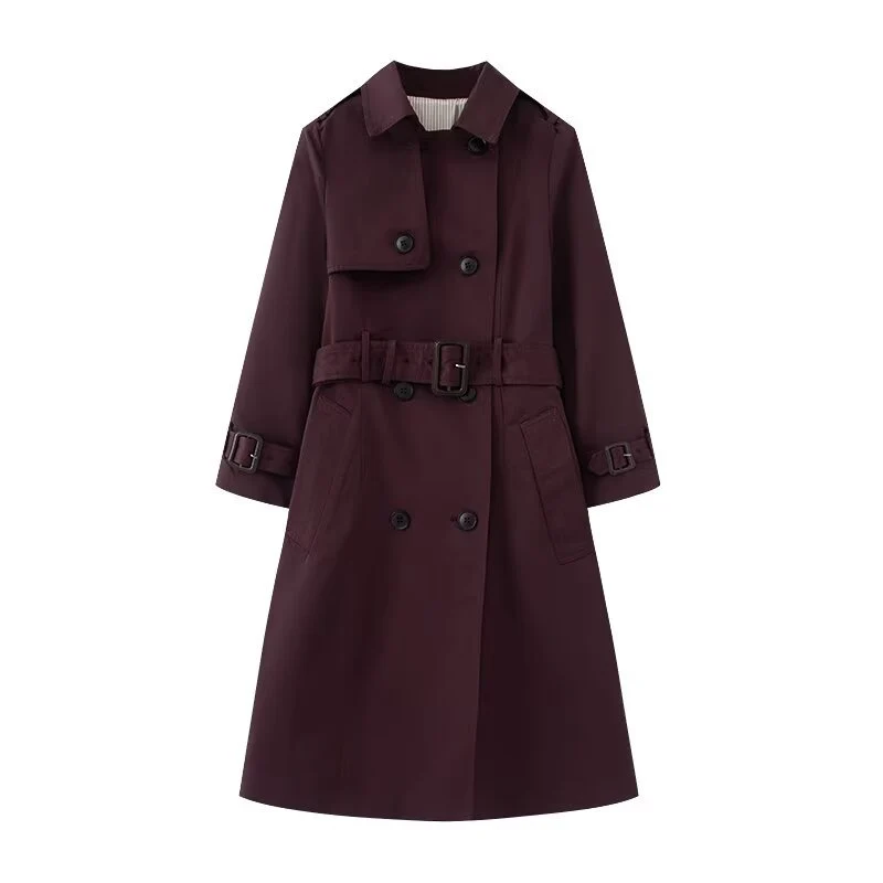 Damen Langer taillierter Trenchcoat mit doppelreihiger Knopfleiste, Taillengürtel und Ärmelriegel Nord Taschen