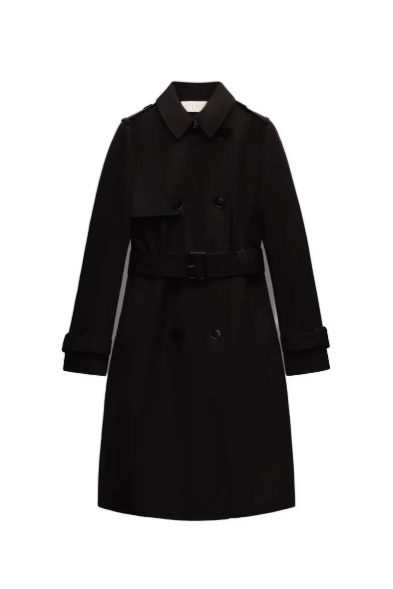 Damen Langer taillierter Trenchcoat mit doppelreihiger Knopfleiste, Taillengürtel und Ärmelriegel Nord Taschen