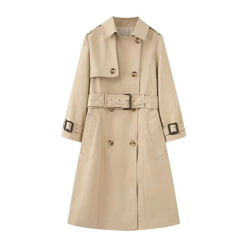 Damen Langer taillierter Trenchcoat mit doppelreihiger Knopfleiste, Taillengürtel und Ärmelriegel Nord Taschen