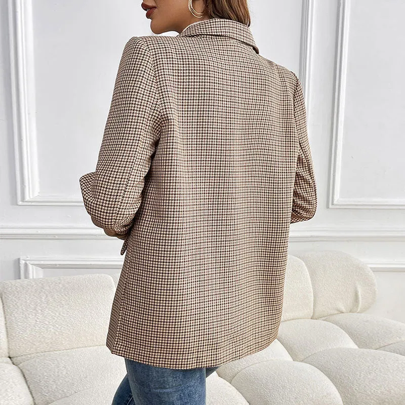 Damen Oversize Hahnentritt-Blazer mit Reverskragen und Pattentaschen Nord Taschen