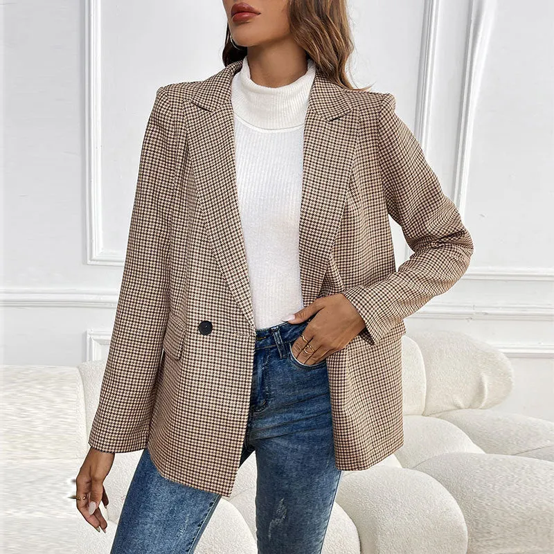 Damen Oversize Hahnentritt-Blazer mit Reverskragen und Pattentaschen Nord Taschen