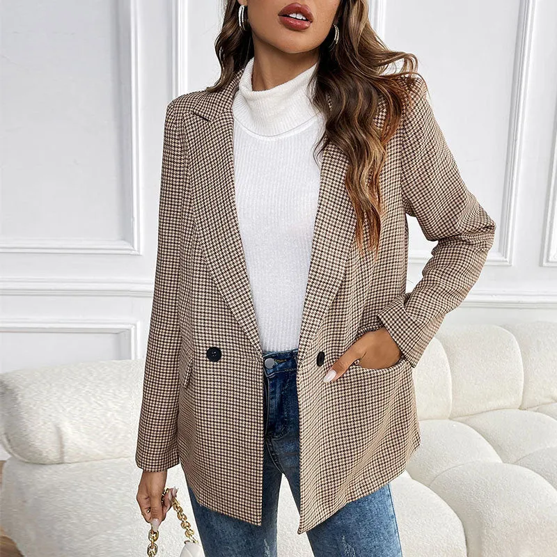 Damen Oversize Hahnentritt-Blazer mit Reverskragen und Pattentaschen Nord Taschen