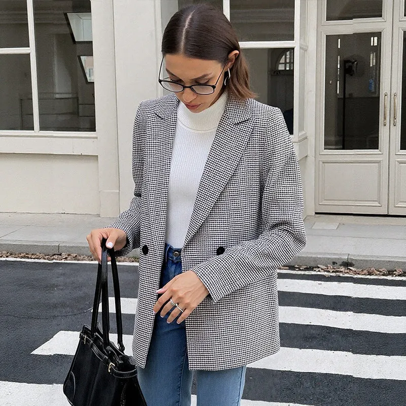 Damen Oversize Hahnentritt-Blazer mit Reverskragen und Pattentaschen Nord Taschen
