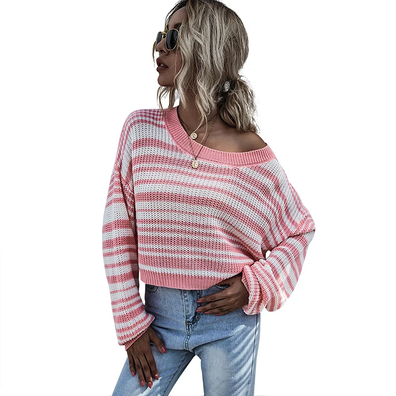 Damen Oversize-gestreifter Cropped-Strickpullover mit asymmetrischem Carmenausschnitt Nord Taschen