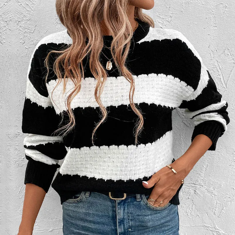 Damen Oversize-Fisherman-Strickpullover mit Blockstreifen, Ajourstruktur und gerippten Bündchen Nord Taschen