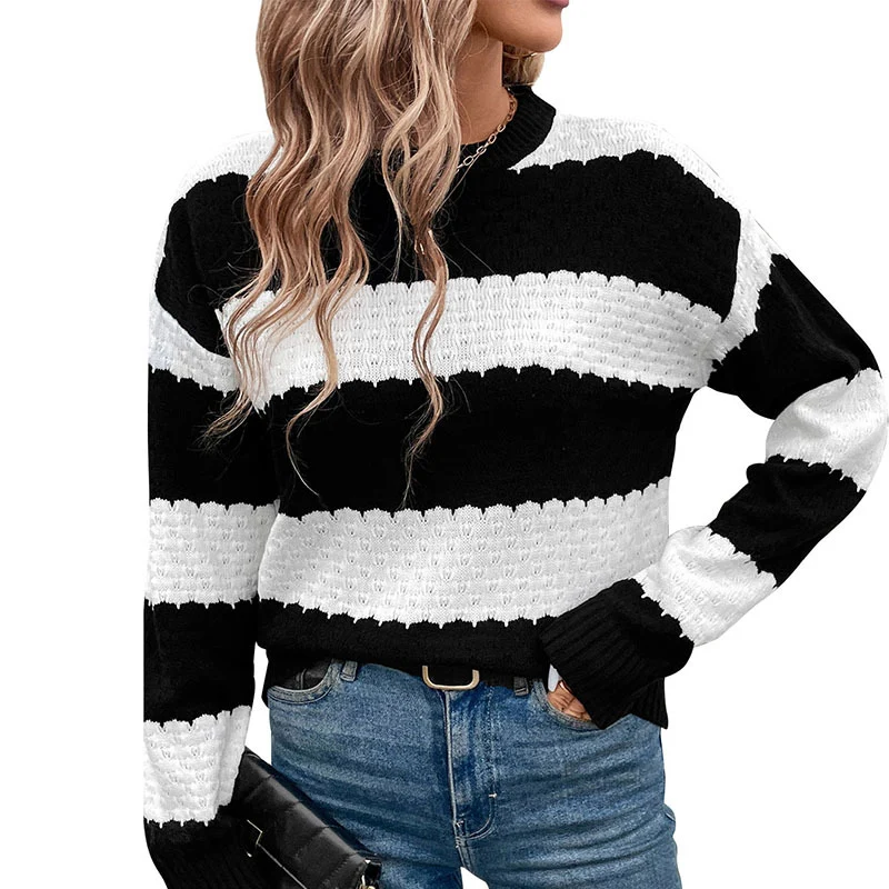 Damen Oversize-Fisherman-Strickpullover mit Blockstreifen, Ajourstruktur und gerippten Bündchen Nord Taschen
