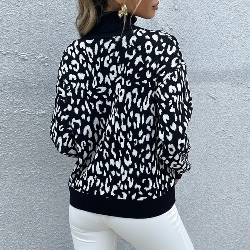 Damen Oversize Feinstrickpullover mit Leoparden-Jacquard und Stehkragen Nord Taschen